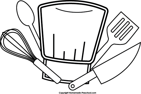 Chef Hat Utensils Bw Clipart Image - Chef Clipart (553x367), Png Download