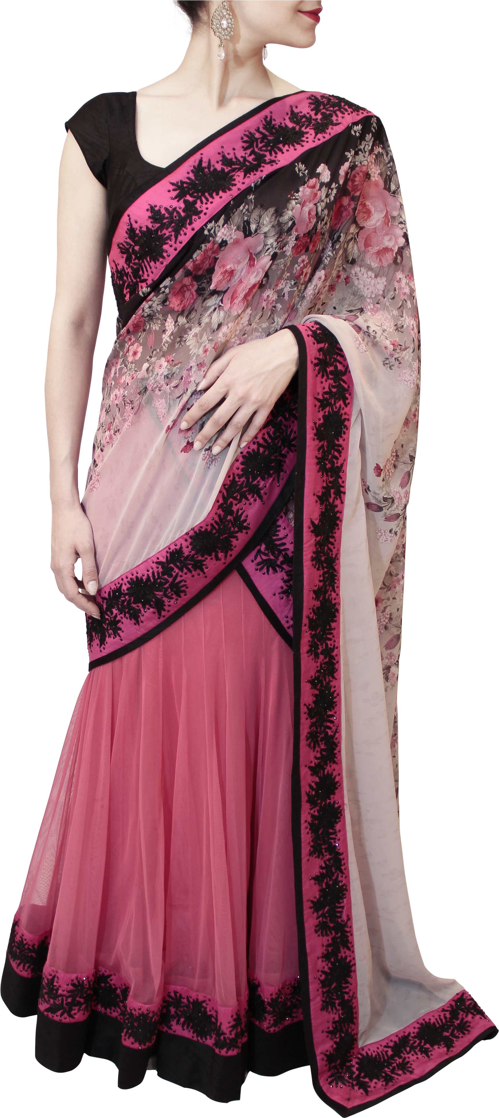 Black And Pink Lehenga Saree - Lehenga-style Saree (3456x3960), Png Download