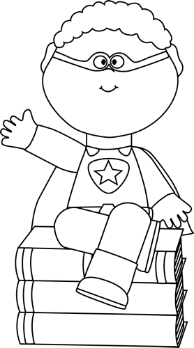 Black And White Superhero Sitting On Books - Super Reader Clipart Black And White (278x500), Png Download