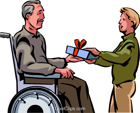 Grandson Giving His Grandfather A Gift Royalty Free - Man In A Wheelchair Cartoon (480x387), Png Download