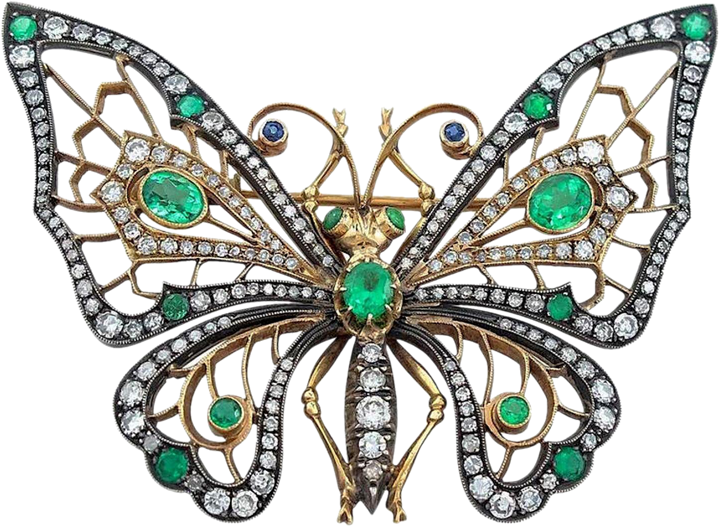 Emerald Diamond Silver And 14 Karat Gold Butterfly - Brooch (1434x1434), Png Download