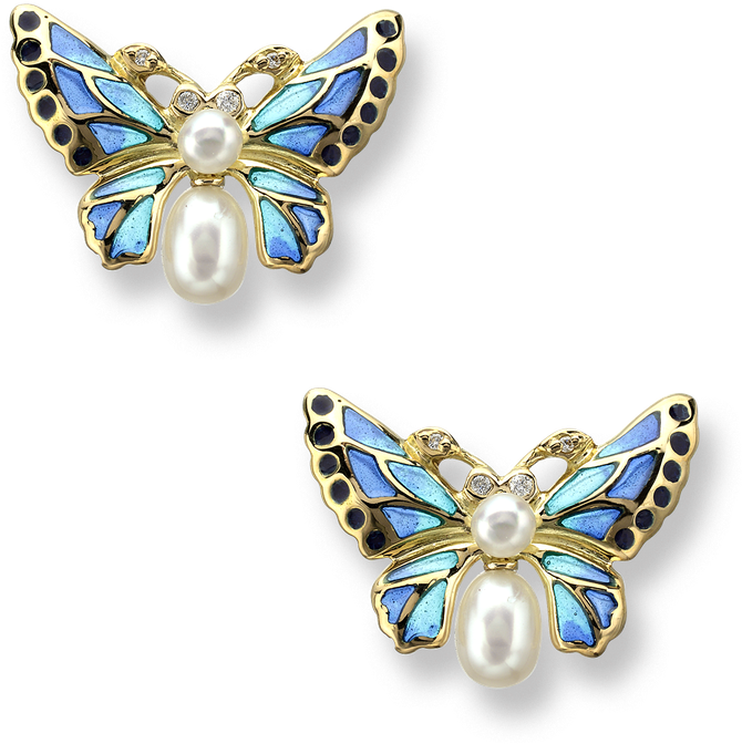Nicole Barr Designs 18 Karat Gold Butterfly Earrings-blue - Diamond & Pearl Blue Butterfly Earrings - 18k Gold (800x800), Png Download