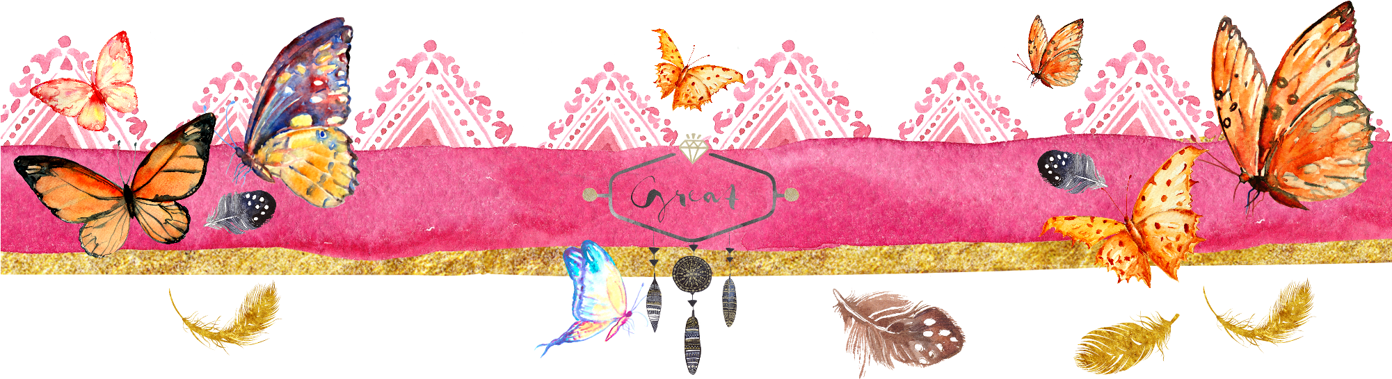 Butterfly Banner W Gold - Butterfly Banner Image Png (2000x570), Png Download