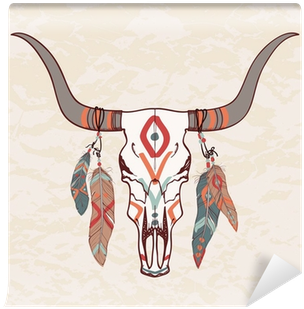 Vector Illustration Of Bull Skull With Feathers Wall - Cow Skull With Feathers (400x400), Png Download