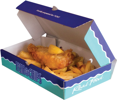 We Catch Your Fish, We Cook It Fresh, We Serve It Fresh - Fish And Chips Takeaway Box (402x347), Png Download