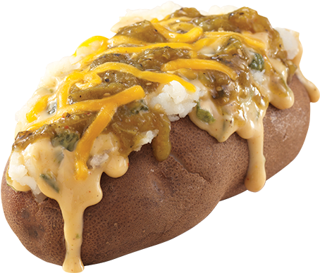 Green Chile Baked - Chicken Con Queso Baked Potato (643x387), Png Download