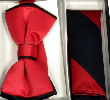 Red & Blue Striped Bowtie With Pocket Square - Moda Formal Wear Red And Black Dual Color Bowtie And (380x468), Png Download