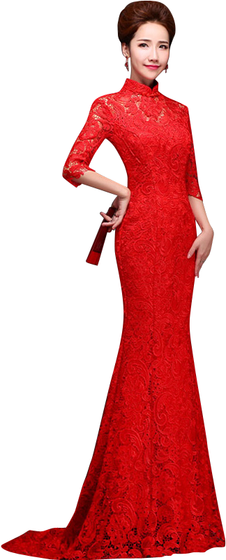 Bsjy-15258 Half Sleeve Hollow Back Red Lace Trailing - Chinese Wedding Dresses Transparent (600x800), Png Download