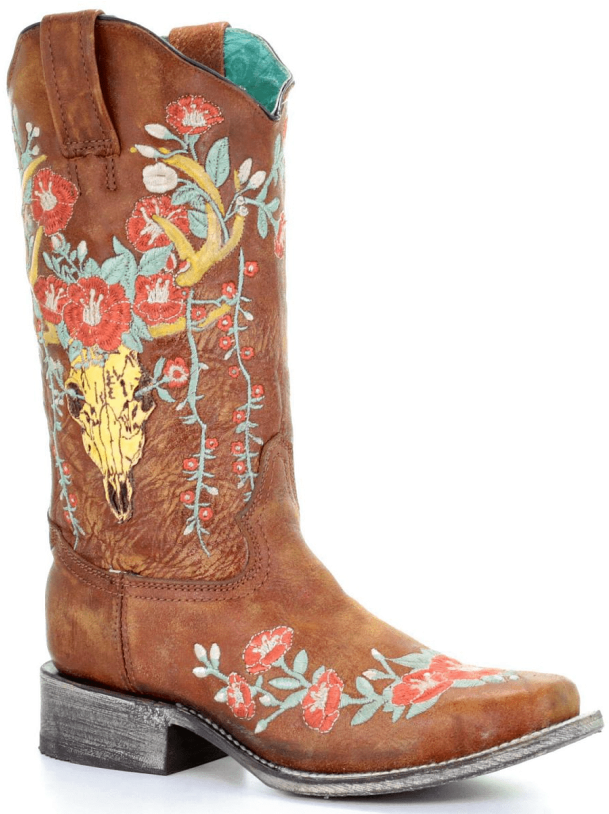 Corral Boots® Ladies' Tan Deer Skull Overlay Square - Cowboy Boot (650x813), Png Download