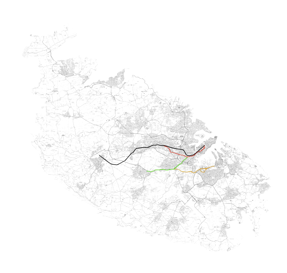 Old Train And Tram (coloured) Routes - Blue Grotto Malta Map (1000x952), Png Download