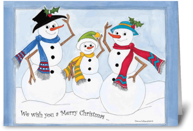 Snow Family Greeting Card - Snow Family With Scarves,hats And Holly Card (424x349), Png Download