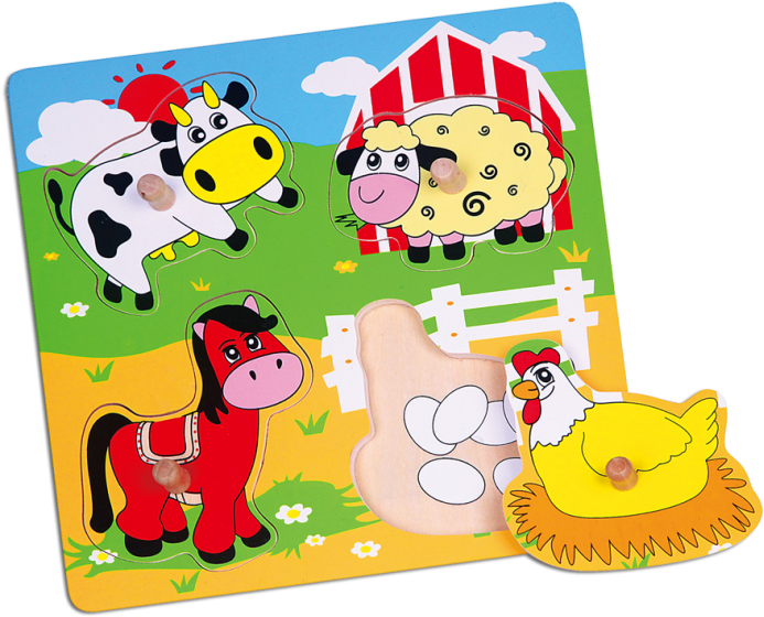 Flat Puzzle-farm Animals - Viga Wooden Farm Animals Chunky Peg Puzzle (700x568), Png Download