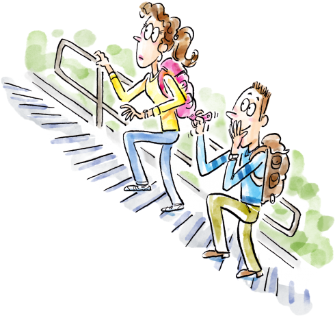 Guy And Girl Climbing The Stairs While The Guy Is Pulling - Up&up (600x621), Png Download