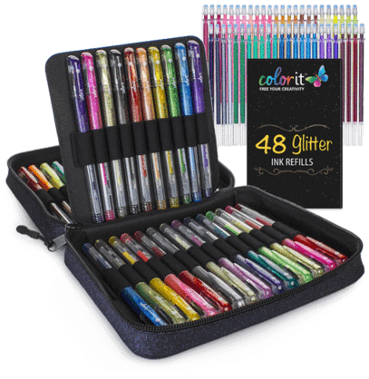 48 Glitter Gel Pen Set, 48 Ink Refills, Travel Case - Colorit 48 Glitter Gel Pens For Adult Coloring Books (412x480), Png Download