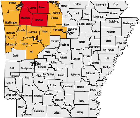 Counties Shown In Red Are Chronic Wasting Disease Quarantine - Cwd Zone In Arkansas (556x474), Png Download