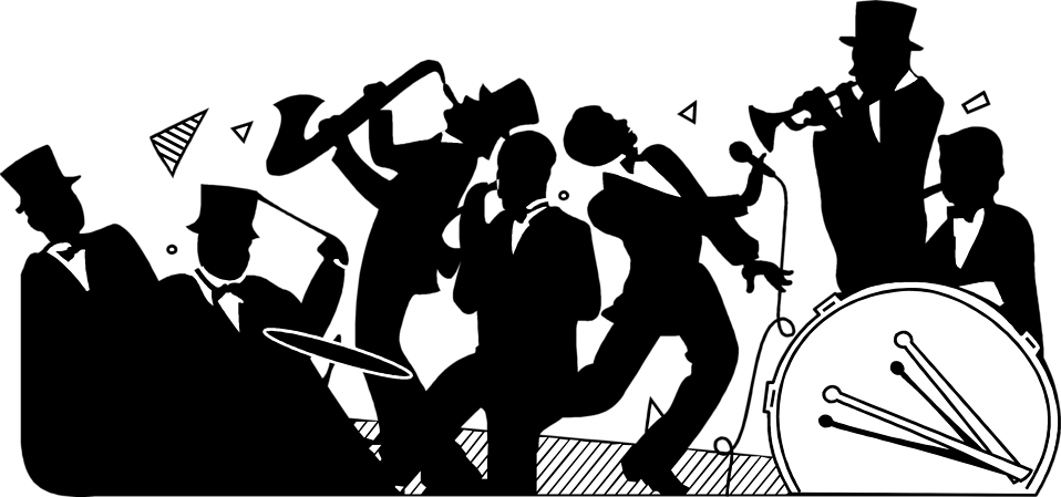 Rock Band Silhouette Clipart - Jazz Band Silhouette Png (958x449), Png Download