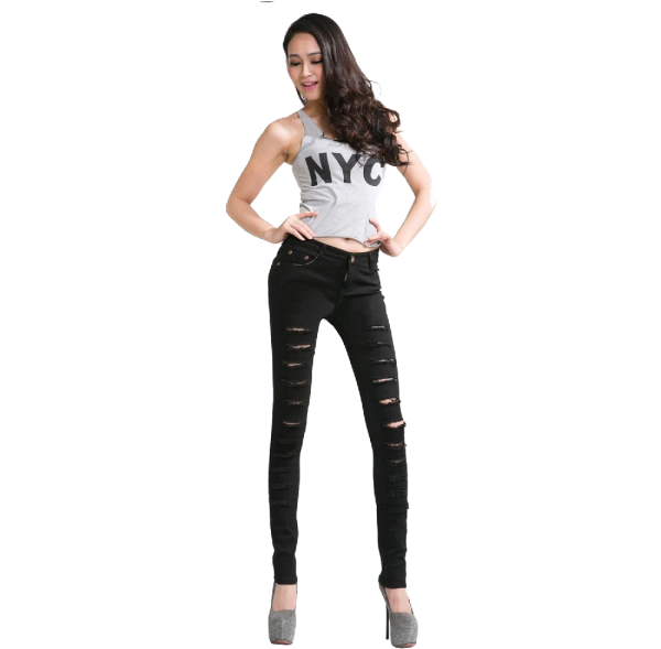 Woman Cut Out Punk Novel Ripped Jeans Denim Jeggings - Pantalon A Trou Fille (600x750), Png Download