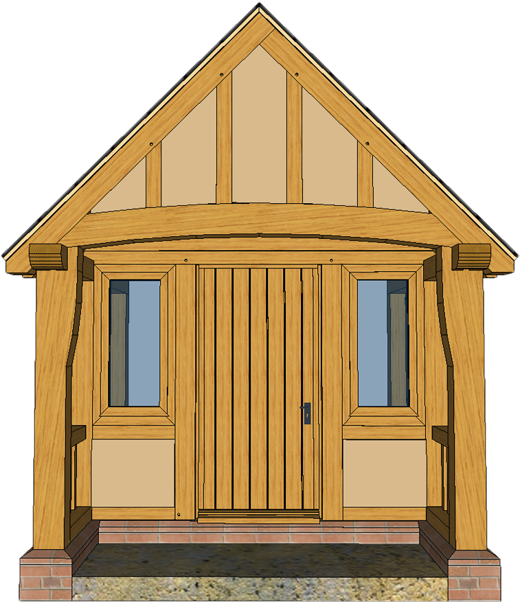 3d Front Of Large Oak Porch With Jowl Posts - Shed (786x911), Png Download