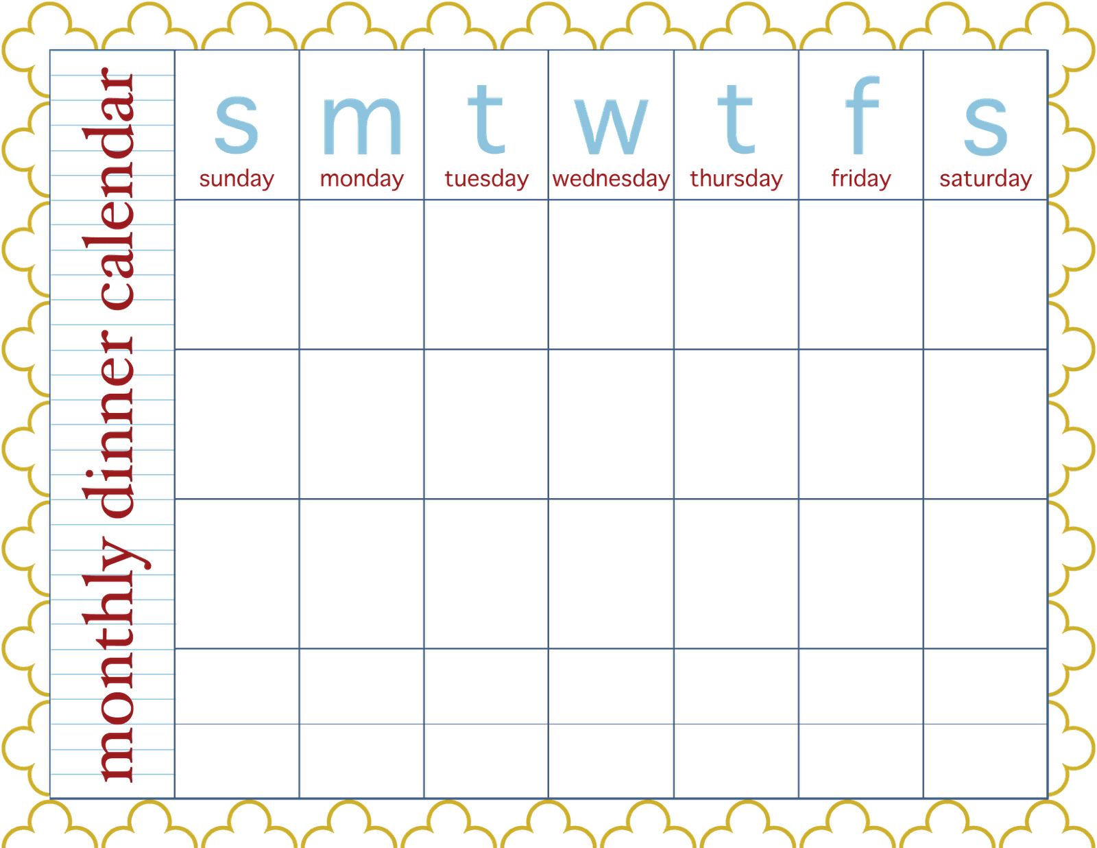 Download Blank Monthly Dinner Calendar - Full Size PNG Image - PNGkit