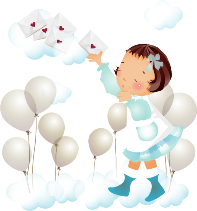 Desenho Png De Menina Nas Nuvens Balões E Cartas C - Desenho Menina Com Cartas (652x700), Png Download
