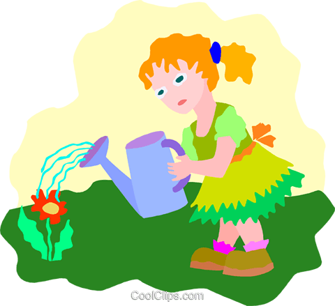 Girl Watering Flower Royalty Free Vector Clip Art Illustration - Menina Regando As Flores (480x439), Png Download
