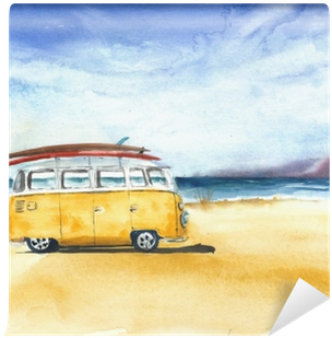 Beach Landscape Minivan Surfboards Yellow Bus Travel - Watercolor Painting (400x400), Png Download