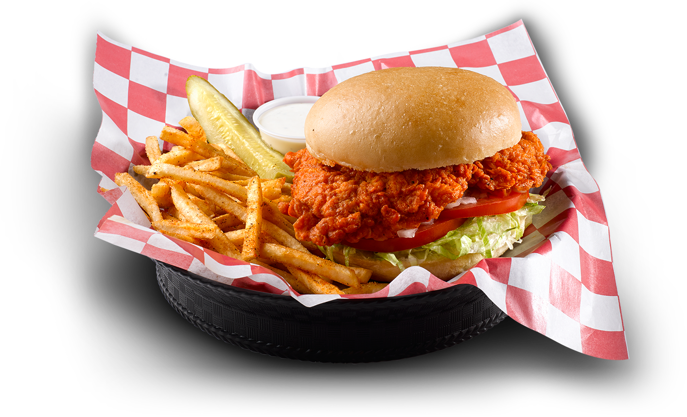 Bubbas 33 Pizza, Burgers, Beer Full Menu - Buffalo Chicken Sandwich With Fries (1413x858), Png Download