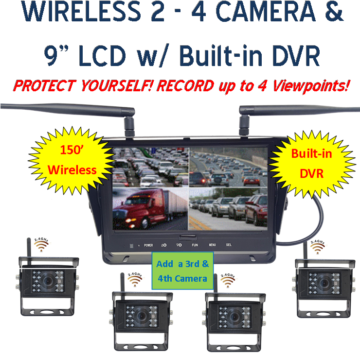 Digital Wireless 2-4 Cam Dvr System W/9" Lcd - 4ucam Two Digital Wireless Camera + 7" Monitor Quad-view (754x746), Png Download