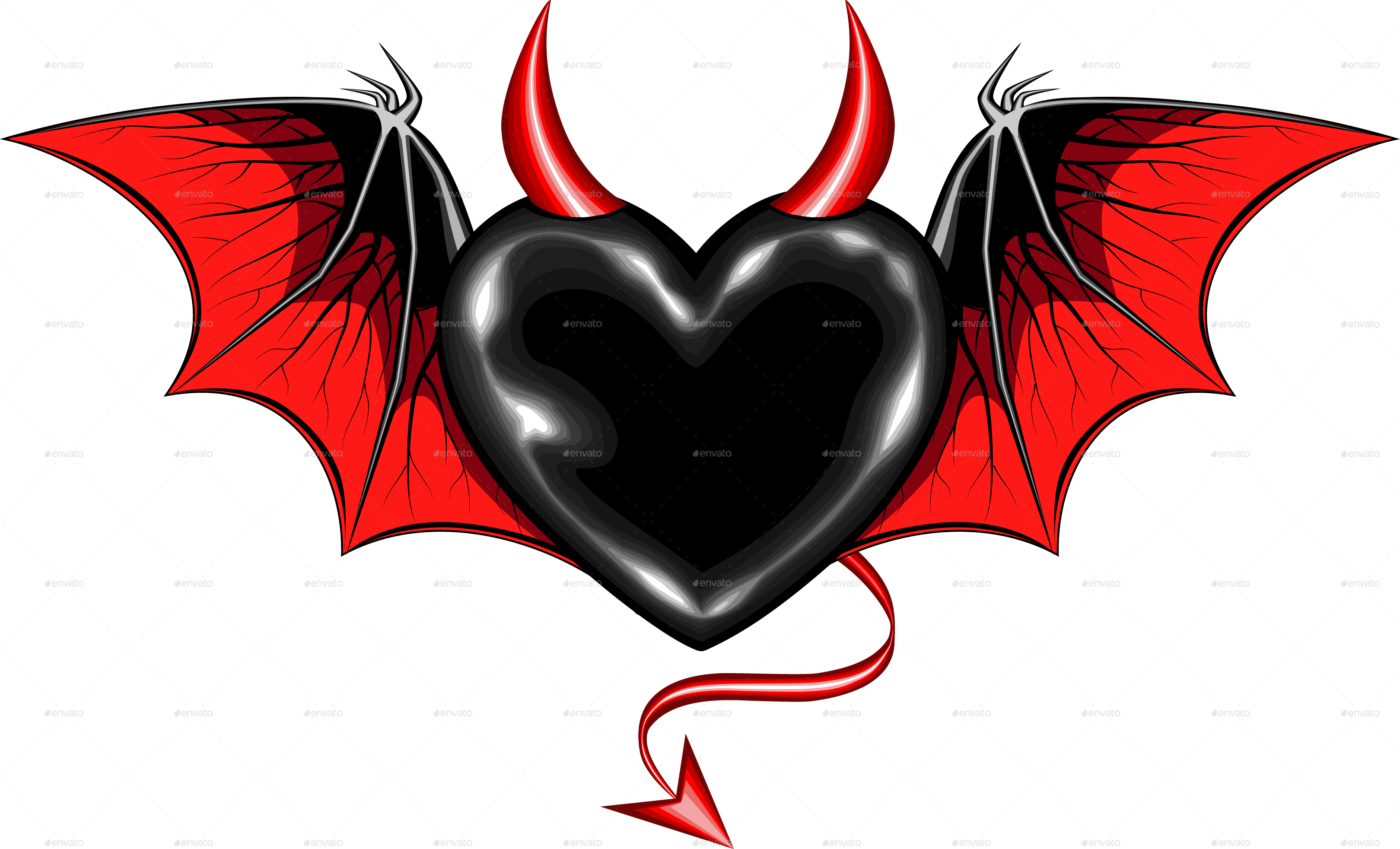 Black Heart With Vampire Wings And Horns By Ashmarka - Heart Bat (3240x1965), Png Download