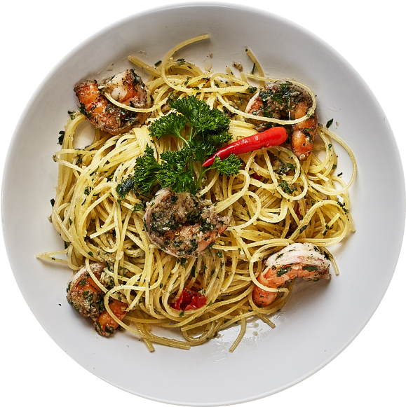 Spagetti Prawns Aglio Olio - Spaghetti Aglio E Olio (600x600), Png Download