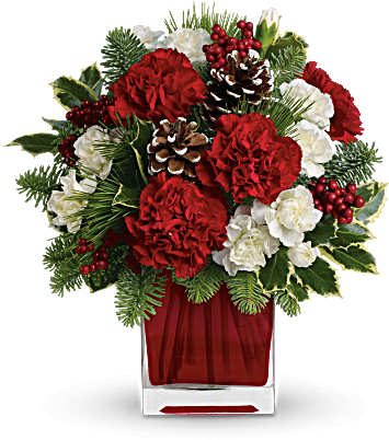 Holiday Cube With Carnationsand Christmas Greens - Christmas Bouquet Of Flowers (368x460), Png Download