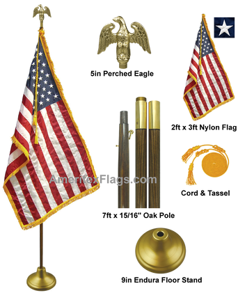 7' Oak Wooden Pole Deluxe U - Flag Usa Gold Fringed (380x422), Png Download