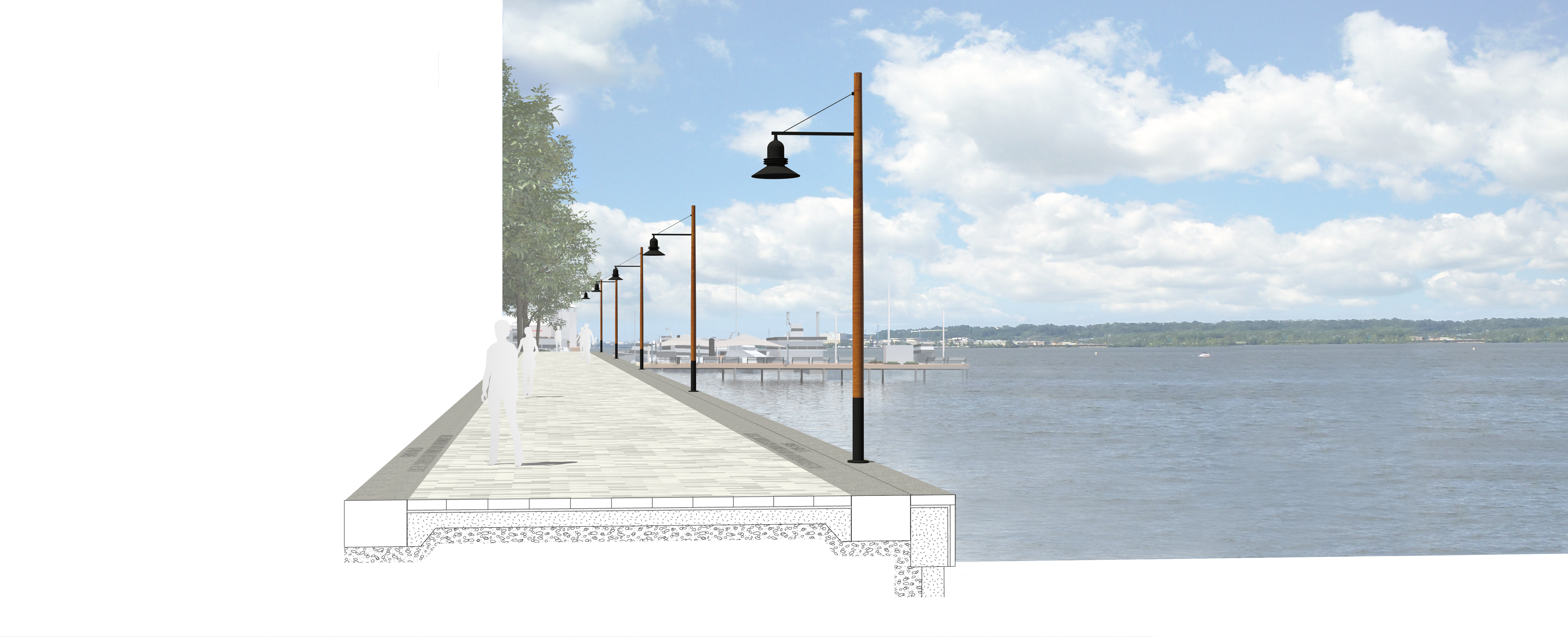 Single Arm Version Along Promenade - Pedestrian Pole Design Waterfront (6120x2500), Png Download