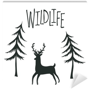 Wildlife Print Design With Deer And Pine Trees - Illustration (400x400), Png Download