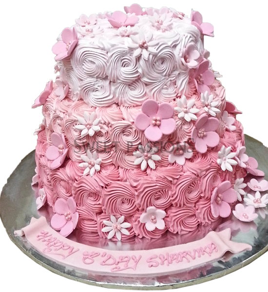 3 Tier Pink Swirls Cake - Sweet Passions Bakery (550x600), Png Download