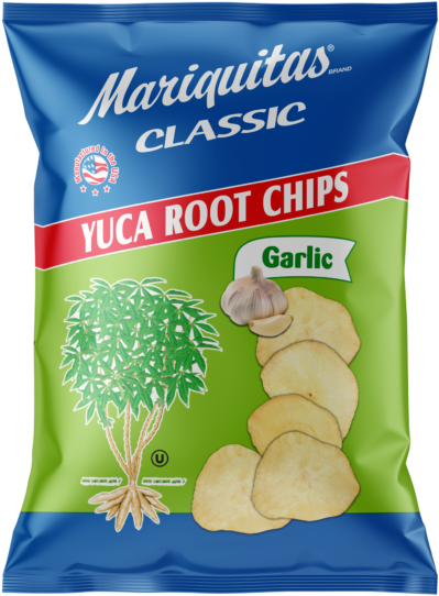 Mariquitas Yuca Root Garlic Chips Packaging Front Side - Cassava (480x570), Png Download