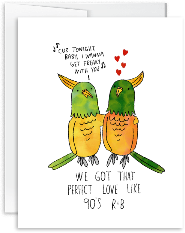 Watercolor Greeting Card For Lovers 90's R N B Birds - Cartoon (1000x1000), Png Download
