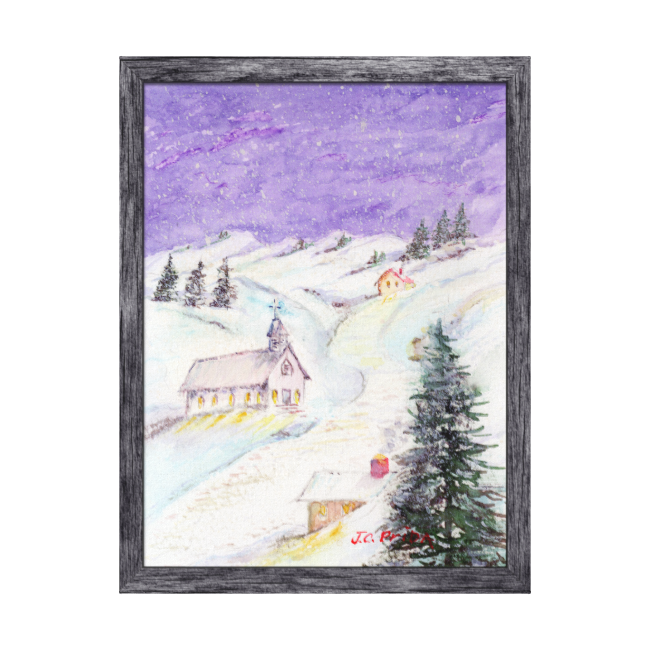Starry Night Draped In Snow Christmas Watercolor Canvas - Painting (650x650), Png Download