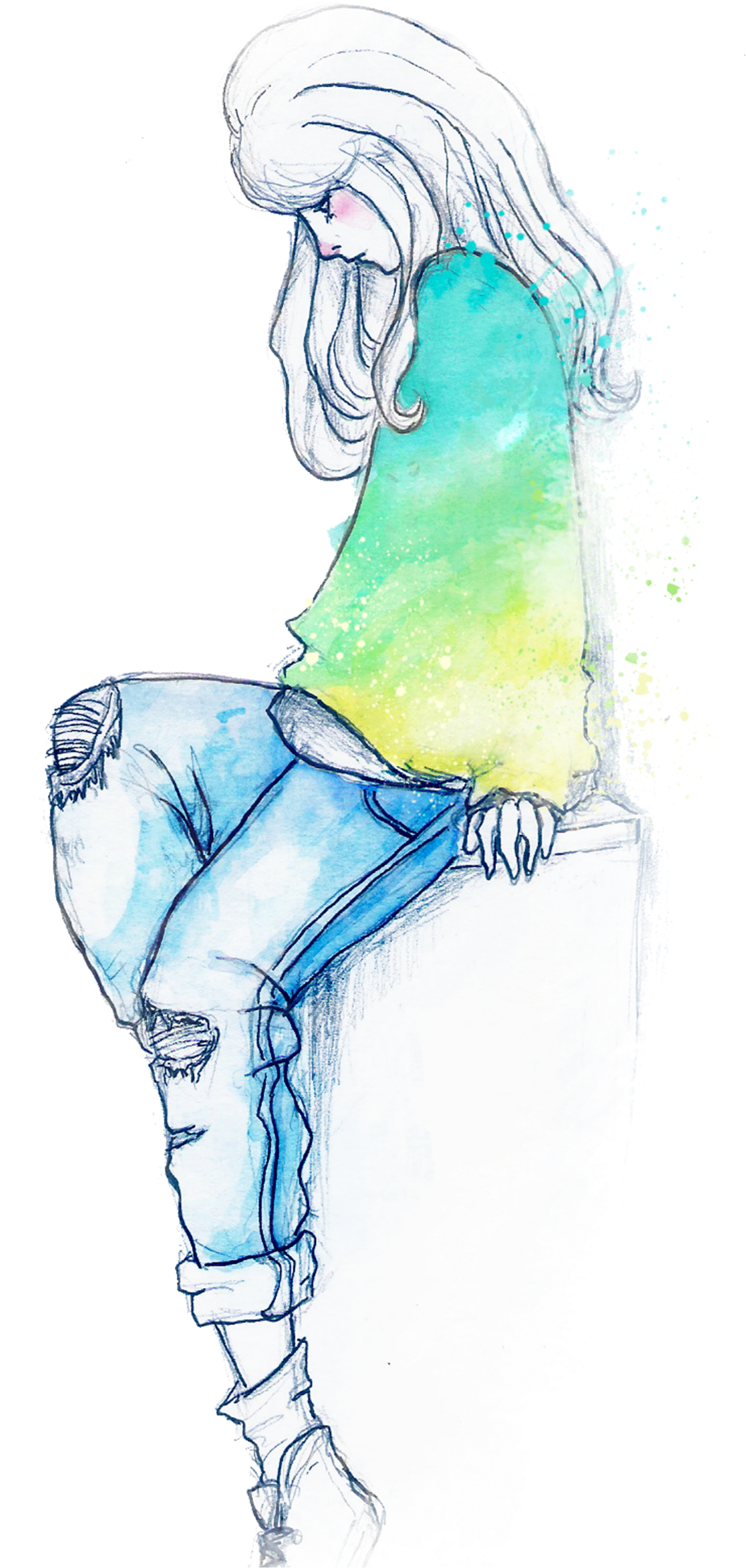 Watercolor Girl - Darkness (2000x2828), Png Download