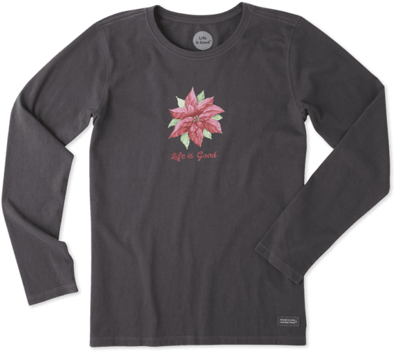 Women's Poinsettia Watercolor Long Sleeve Crusher Tee - Sleeve (570x570), Png Download