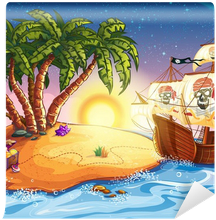 Illustration Of Treasure Island And Pirate Ship Wall - Free Vector Cartoon Eps File Download (400x400), Png Download