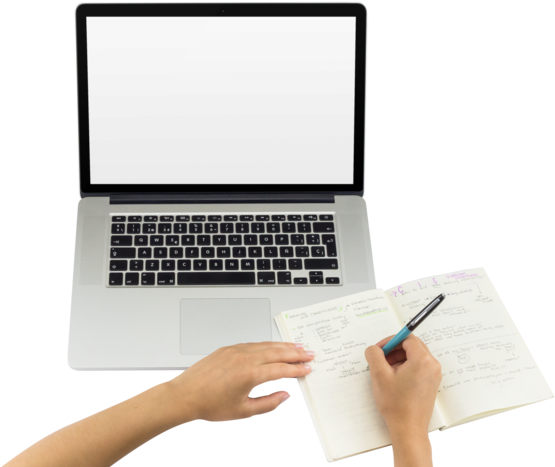 Top Shot Macbook Png Mockup Featuring A Woman Writing - Hands On Laptop Png (640x480), Png Download