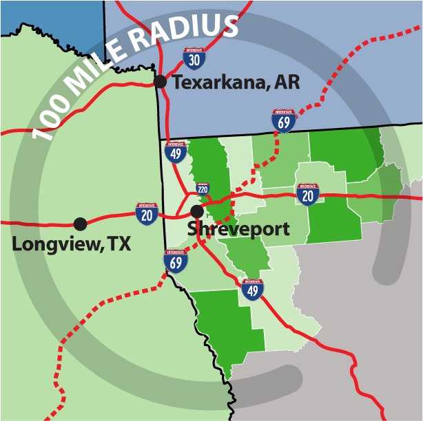 100 Mile Radius Shreveport Small - Louisiana (792x612), Png Download