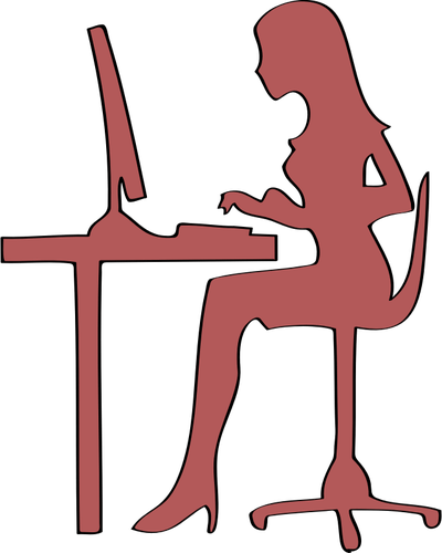 Silhouette Of Woman Sitting At Computer Desk Vector - Silhouette Woman On Computer (400x500), Png Download