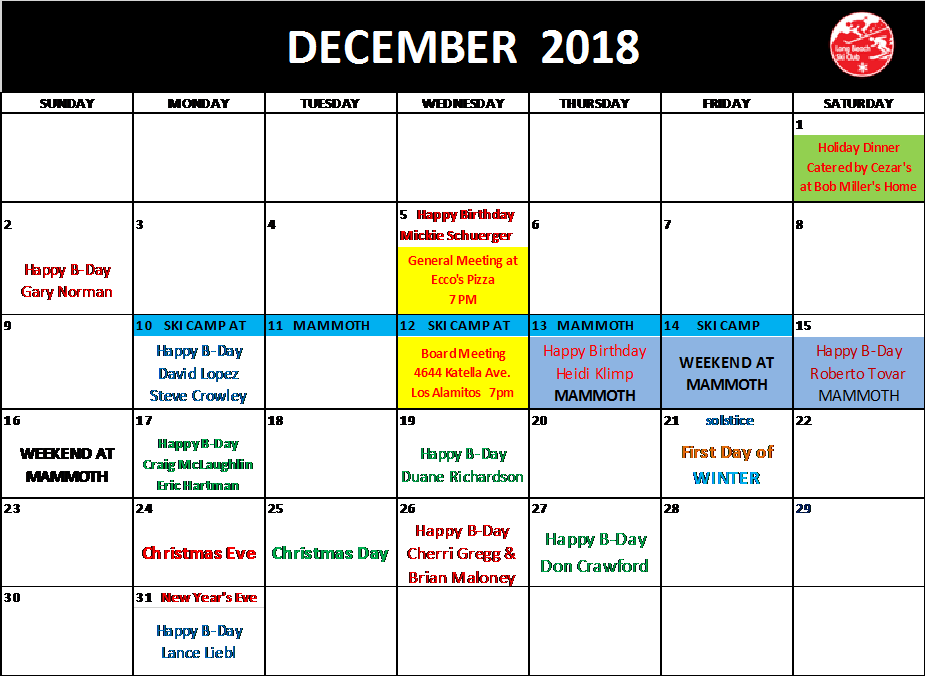Long Beach Ski Club October To December 2018 Calendar - Calendar Date (925x676), Png Download