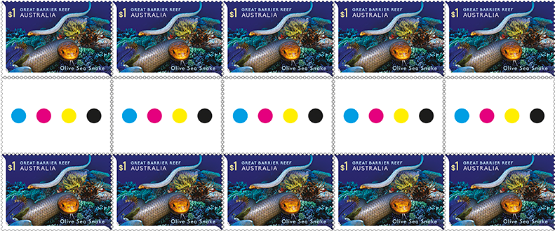 Gutter Strip 10 X $1 Olive Sea Snake Stamps (800x600), Png Download