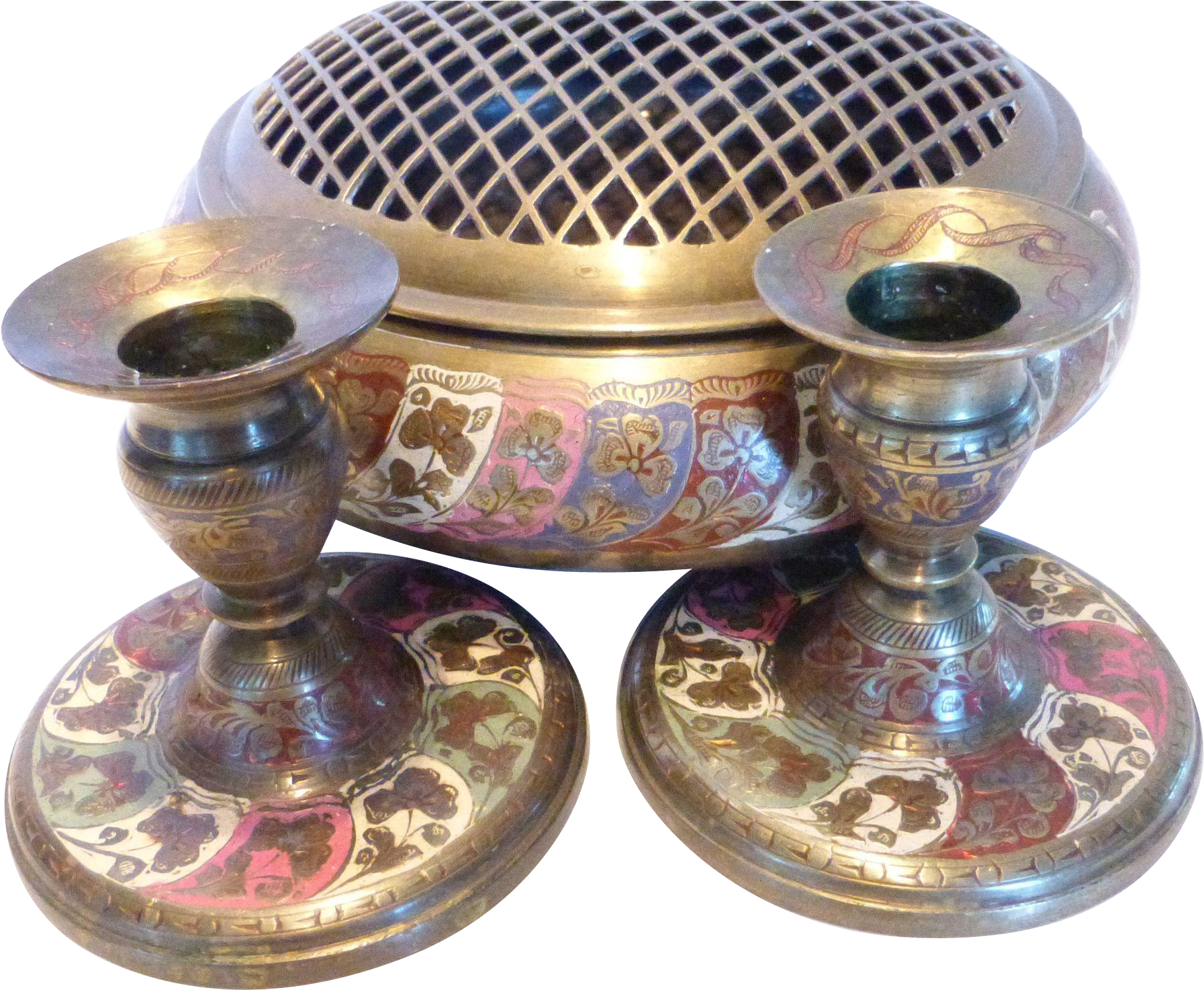 Vintage Etched & Enameled Brass Bowl W Flower Frog - Brass (1792x1792), Png Download