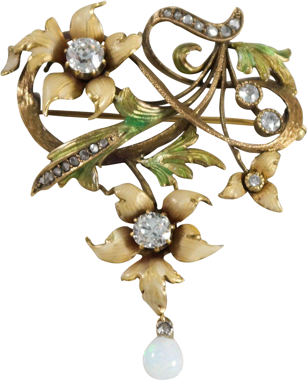 Art Nouveau 14k Yellow Gold Diamond, Opal, And Enamel - Art Nouveau Jewelry Flowers (1277x1277), Png Download