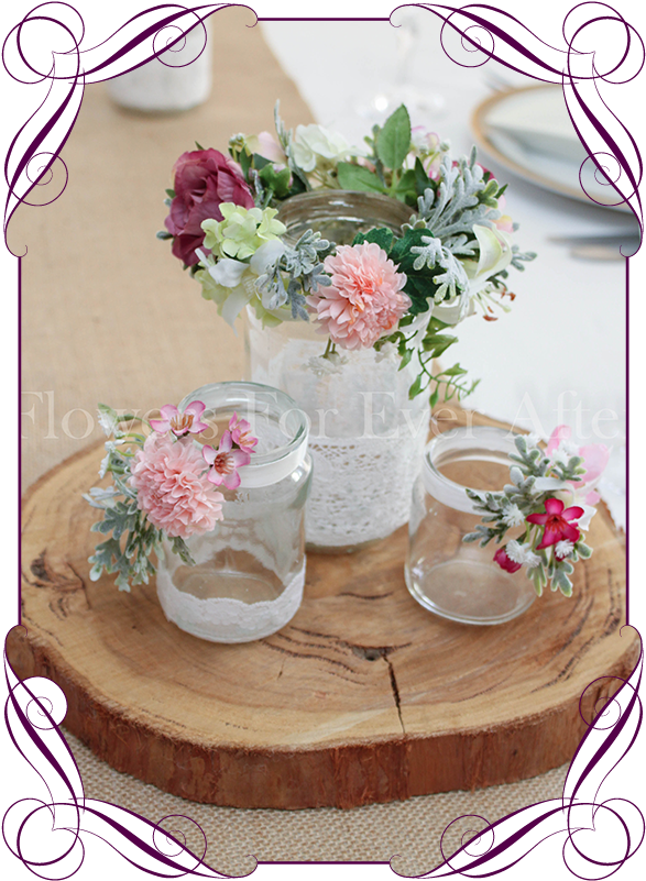 Set Of 3 Pink & White Rustic Floral Jar Centerpiece - Centrepiece (608x822), Png Download