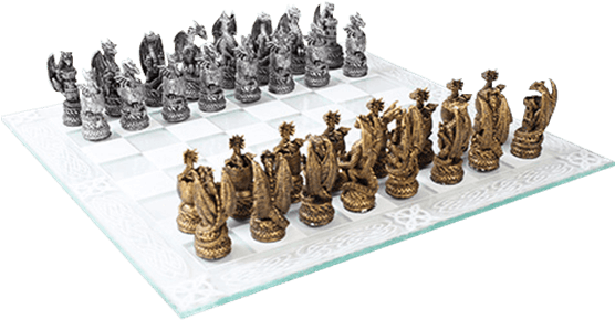 Dragon Kingdom Chess Set - Gold Silver Dragon Kingdom Chess Set With Glass Board (555x555), Png Download